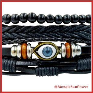 BRAND NEW NEVER WORN Evil Eye Layered 4 Braided Wood Bracelets Unisex Adjustable
